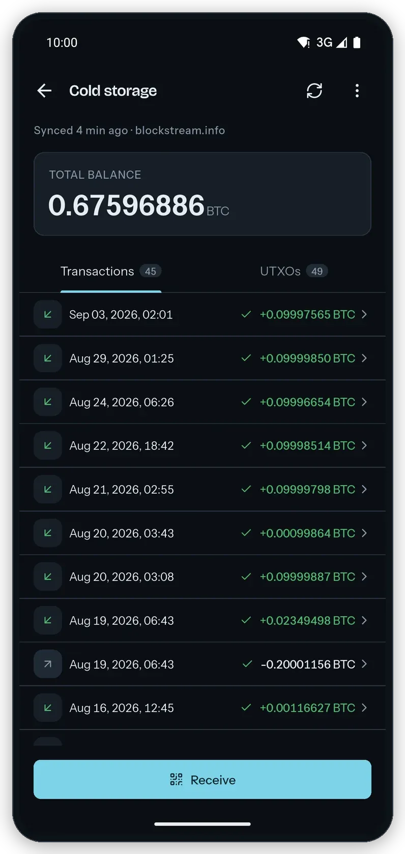 A wallet opened in the Android app in the dark theme: the balance, then the list of transactions with their dates and signed amounts