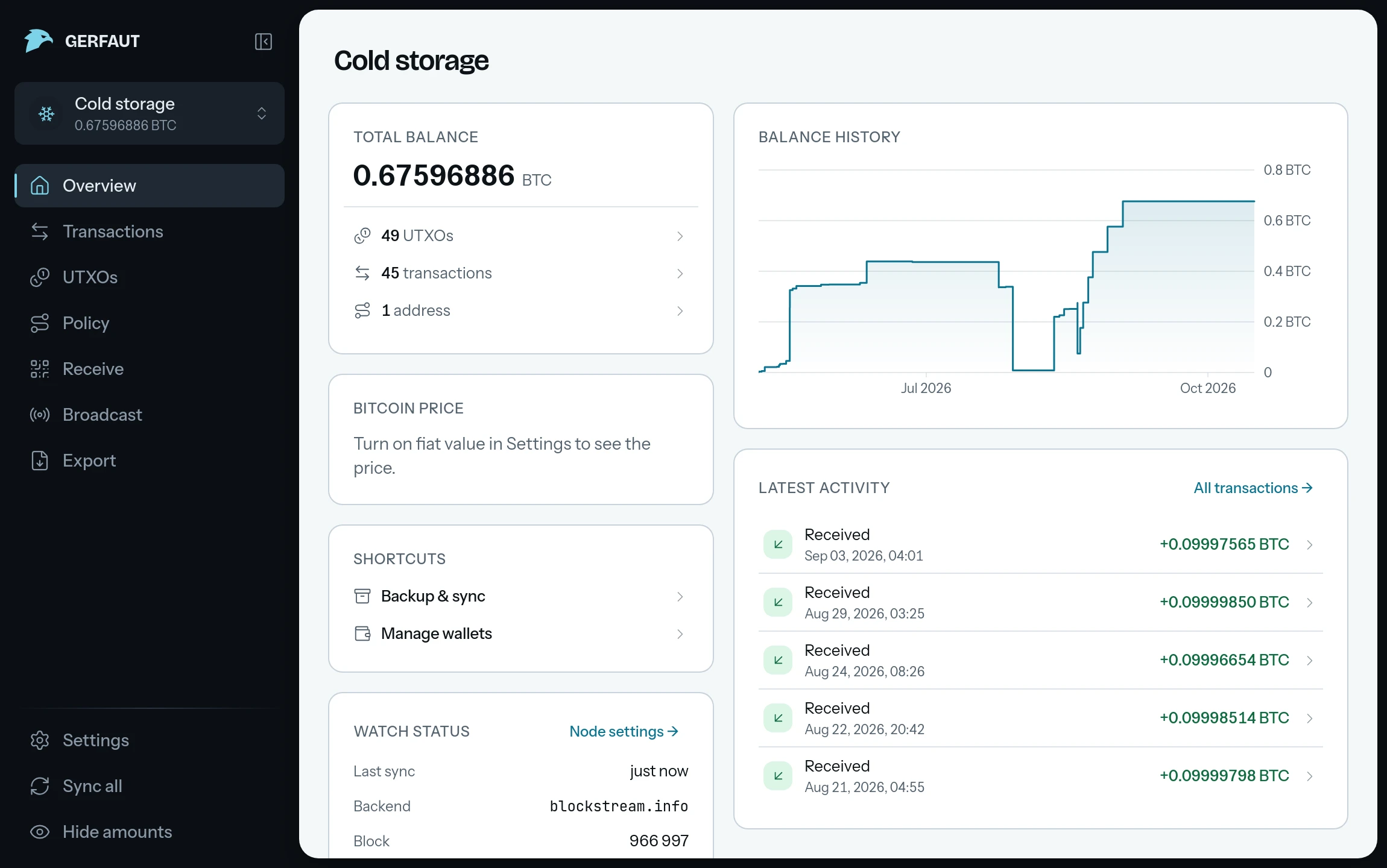 The Gerfaut desktop app on a wallet named Cold storage: a total balance of 0.676 BTC, a balance history chart, the watch status and the latest received transactions