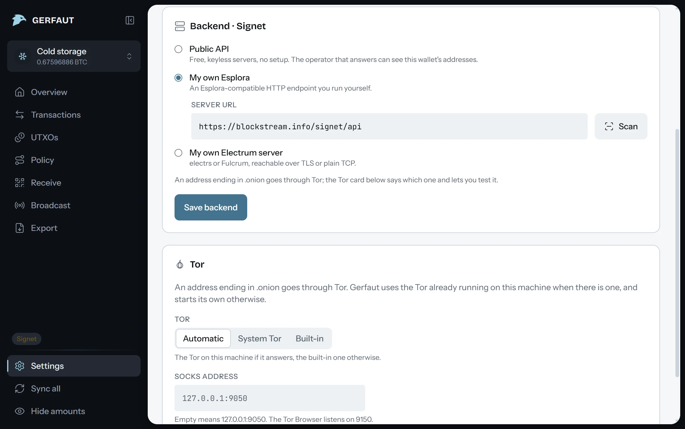 The Network settings of the desktop app: the Backend card with the choice between a public API, an Esplora or an Electrum server you run, then the Tor card
