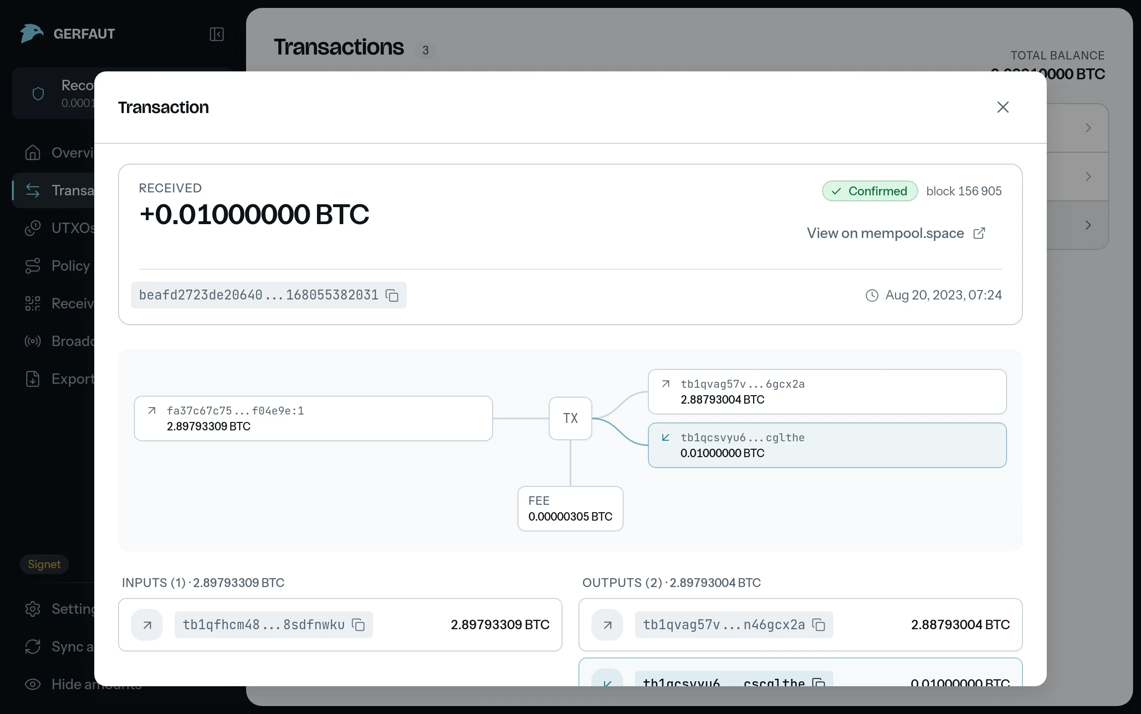 The Transactions page of the desktop app with a transaction opened over it: the amount received, its confirmation and block, then a diagram with the input on the left, the two outputs on the right and the fee below